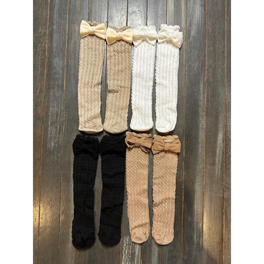 Baby Girls Cable Knit Knee High Socks with Bows 4 Pair Set White Black Tan Beige